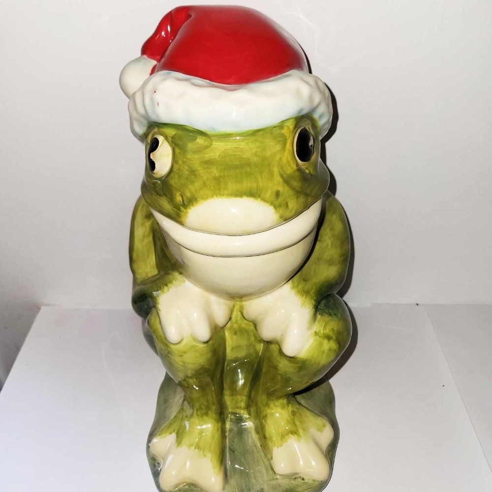 Rare Retro Frog with Santa Hat Cookie Jar Hand Painted